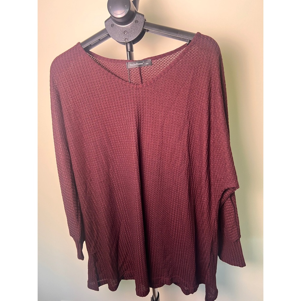 StyleDome Waffle Knit Tunic Top Women 5XL Burgundy NWT Oversized V-Neck Pullover